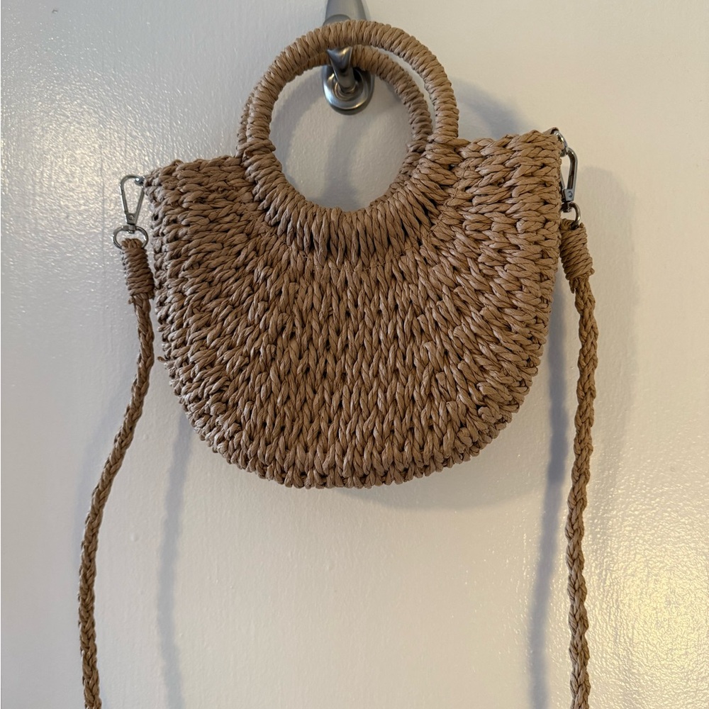 Tan Crossbody Bag with Woven Design and Circular Handle